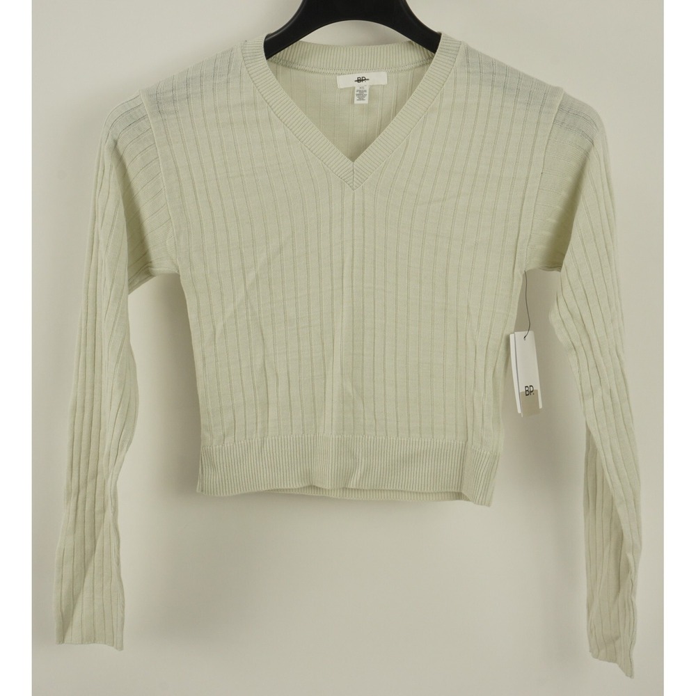 New BP. Women's XXS Ivory Rib Knit Semi Sheer Lightweight Cropped V-Neck Sweater
